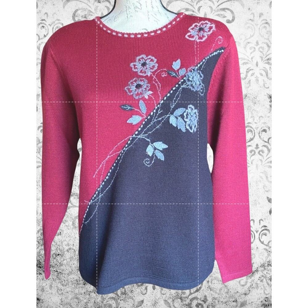 Alfred Dunner Vintage Womens S Floral Colorblock Acrylic Wool Cottage Sweater